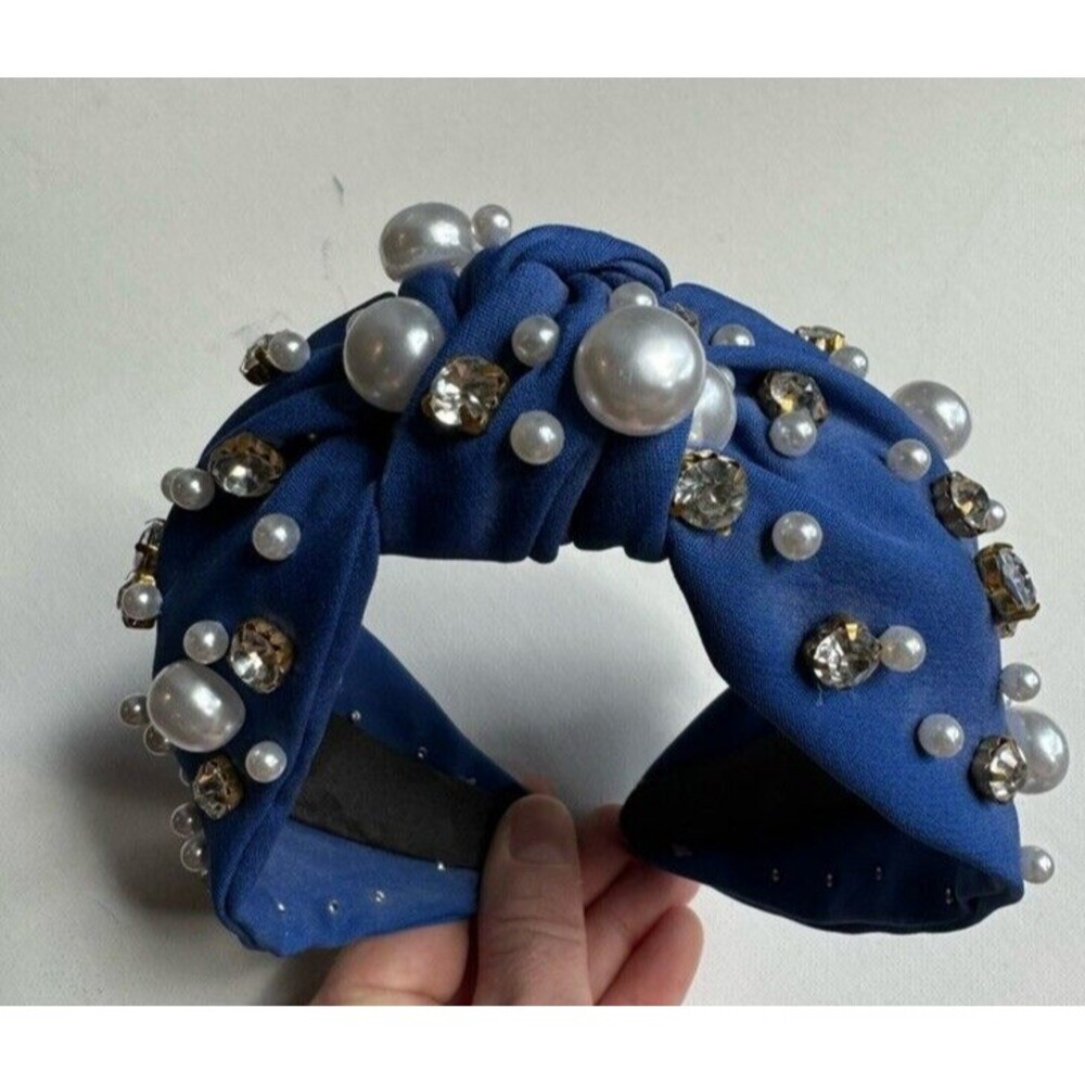Royal Blue Headband Pearl Rhinestone Beaded Hair Accessory Game Day